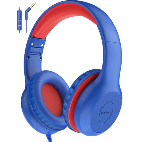 EarFun Kids Headphones Wired with Microphone, 85/94dB Volume Limit Headphones for Kids, Portable Wired Headphone with Shareport, Stereo Sound Foldable Headset for School/Tablet/PC/Kindle, Navy Red - color: Navy Red