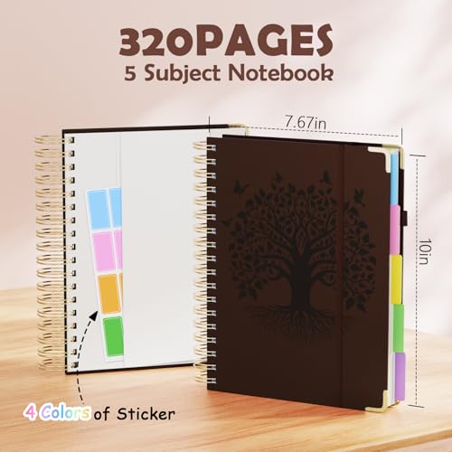 QIYVLOS Hardcover Spiral Notebook, B5 Journal with Removable Dividers Tabs, 5 Subject Notebook College Ruled, 320 Pages 8"x10" Leather Notebooks for Work School Study, Lined Journal for Women, Brown - color: B5/Brown