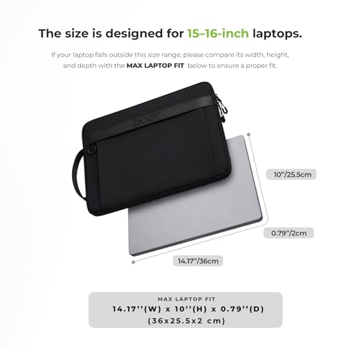 Acer Laptop Sleeve Case for 15.6-16 inch Laptops, Slim Protective Computer Sleeve with Hidden Zipper Pocket, Soft Plush Bubble Padding, Side Handle and Luggage Strap, Travel Laptop Bag, Black | Slim, Soft Bubble Padding, Extra Front Storage, Wrist Strap,