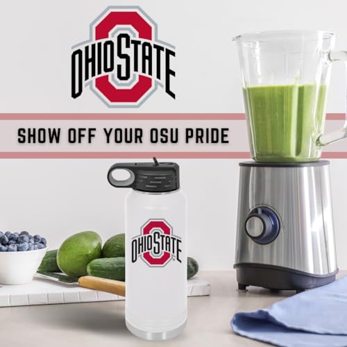 Ohio State University 32oz Stainless Steel Double Walled White Beverage Bottle with Flip Straw Spout - College Gear for Playoff Season – For Office, Home or Auto – Show your Buckeye Pride - style: Ohio State / White