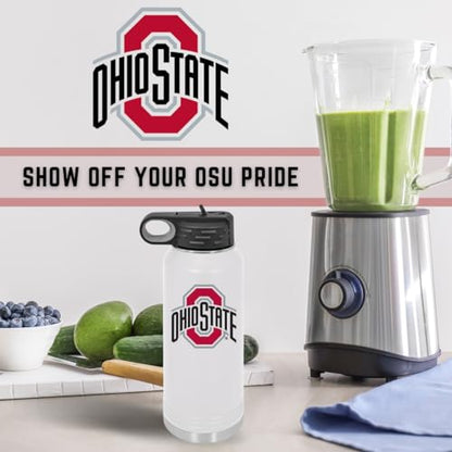 Ohio State University 32oz Stainless Steel Double Walled White Beverage Bottle with Flip Straw Spout - College Gear for Playoff Season – For Office, Home or Auto – Show your Buckeye Pride - style: Ohio State / White
