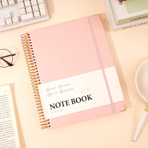 Pink Spiral Notebook College Ruled 8.5 X 11 with Stickers, Hardcover | 220 Pages, A4 Large Note Book for Work Note Taking School Office Women Men Writing - color: Pink