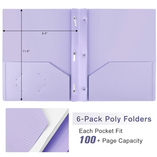 6-Pack Plastic andPockets and Prongs,2-Pocket and3 Fasteners, Pastel Folders Holds 8-1/2" x 11" Paper for School/Office/Home, Purple - color: Light Purple, size: 6-Pack