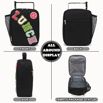 FlowFly Lunch box Insulated Soft Bag Mini Cooler Back to School Thermal Meal Tote Kit With Buckle and Mesh Side Pocket for Girls, Boys, BlackWithLetter - color: BlackWithLetter