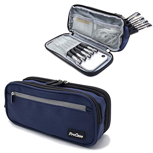 ProCase Pencil Case Pen Bag, Two Layers Big Capacity Pencil Pouch Pen Organizer Durable Stationery Holder for Marker Organization School Supplies Office Storage Desk Organizing - color: Navy