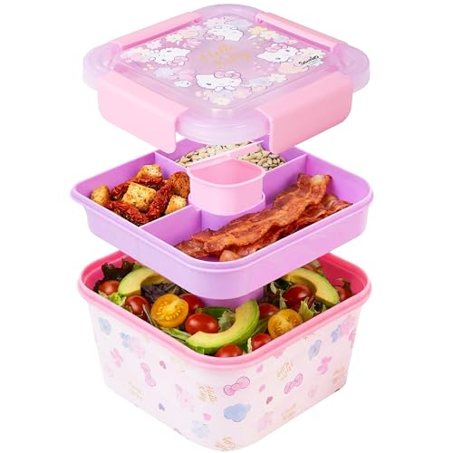 Hello Kitty Sanrio Salad Container Bento Box for Kids, 70 Oz Portable Kawaii Lunchbox, Leak Proof, BPA Free Multi Compartment Salad Bowl with Dressing Pot, Food Storage, Gifts For Girls (Hello Kitty) - color: Hello Kitty