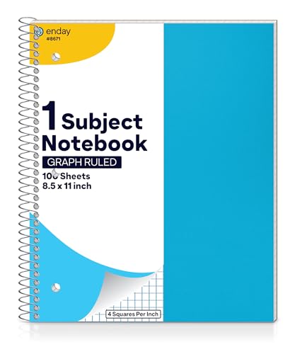 Enday Graph Paper Notebook 8.5 x 11 (Blue) with Plastic Cover, 1 Grid Notebook, Graph paper spiral notebook, Graph notebook, 4 Squares per inch Grid paper notebook, White Paper Quad Ruled Spiral. - color: Blue