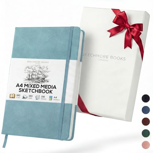 Beechmore Books A4 Mixed Media Sketchbook - 8.5"x11" Hardcover Lay-Flat Art Journal, 160 GSM / 98 lb Professional Ivory Paper, 156 Perforated Pages, Gift Box, Ink, Drawing and Light Watercolor - color: Arctic Teal, size: A4 - 8.5" x 11.5" Large