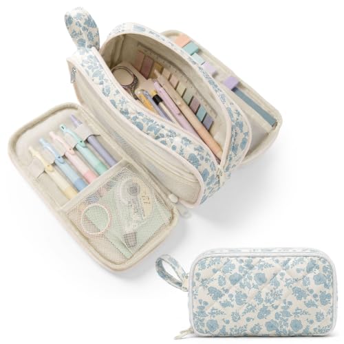 Shirabags Cute Quilted Pencil Case for Girls, 3 Compartment Organizer | Large Capacity Pencil Case,Soft Quilted Floral Design with 3 Zipper Compartments For School Office Travel (Blue Floral) - color: Blue Floral