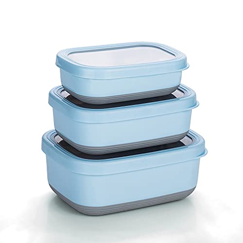 Lille Home Leak Proof Salad Container Stainless for Lunch - Snack Containers Steel - Ideal for Educational Settings & Daycare - Nesting Trio with Silicone Lids - 47oz+30oz+16oz - Blue - color: Blue