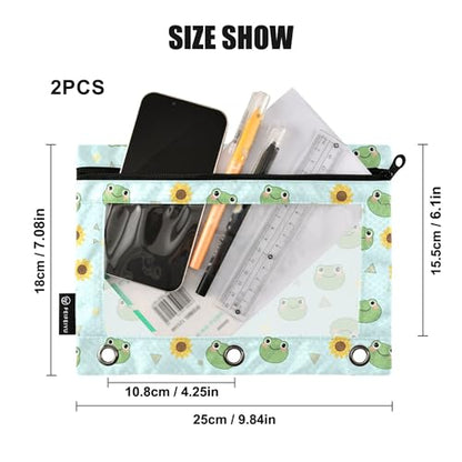Tree Frog Rainy Day Binder Pouches 3 Ring for Boys Girls School Office College Supplies Daisy Sunflower Green Pencil Pouches Case Bag with Clear Window and Zipper 2 Pack - color: Frog