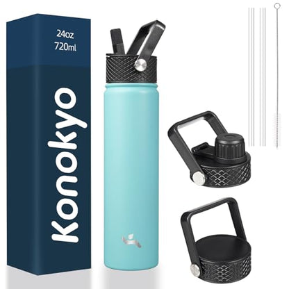Konokyo 24 oz Insulated Stainless Steel Water Bottle with Straw Lid - color: Turquoise, size: 24 Ounces