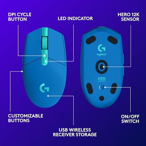 Logitech G305 Lightspeed Wireless Gaming Mouse, Hero Sensor, 12,000 DPI, Lightweight, 6 Programmable Buttons, 250h Battery, On-Board Memory, Compatible with PC, Mac - Blue - color: Blue, style: Classic