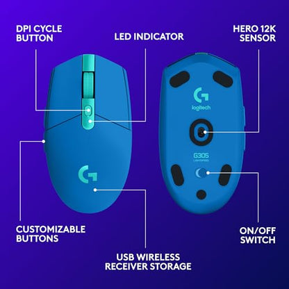 Logitech G305 Lightspeed Wireless Gaming Mouse, Hero Sensor, 12,000 DPI, Lightweight, 6 Programmable Buttons, 250h Battery, On-Board Memory, Compatible with PC, Mac - Blue - color: Blue, style: Classic