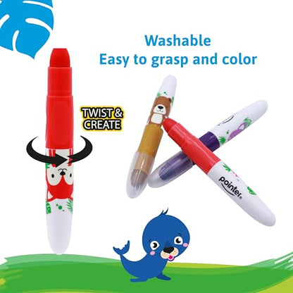 Pointer Twistable Gel Crayons Set for Children - 10 Bright Colors, Smooth & Washable, Non-Toxic Art Supplies for Drawing, School Projects, Crafts and Creative Learning Coloring Tool - Animal Design