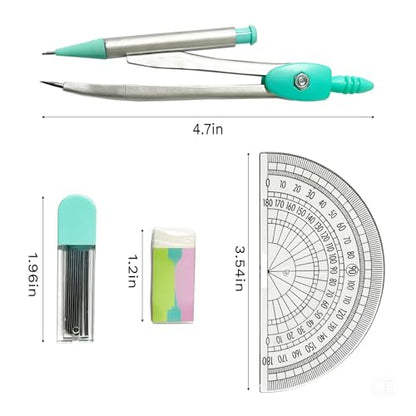Protractor and Compass Set for School,Geometry Set,Compass Geometry Tool,7P Metal Compass Ruler Eraser Replacement Leads Blue