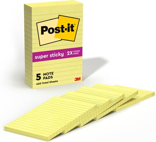 Post-it Super Sticky Notes,4x6 in,5 Pads,2X The Sticking Power,Canary Yellow,Recyclable,(Pack of 8) - size: 4 x 6 in, 5 Pads (Pack of 8)