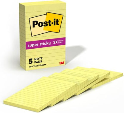 Post-it Super Sticky Notes,4x6 in,5 Pads,2X The Sticking Power,Canary Yellow,Recyclable,(Pack of 8) - size: 4 x 6 in, 5 Pads (Pack of 8)