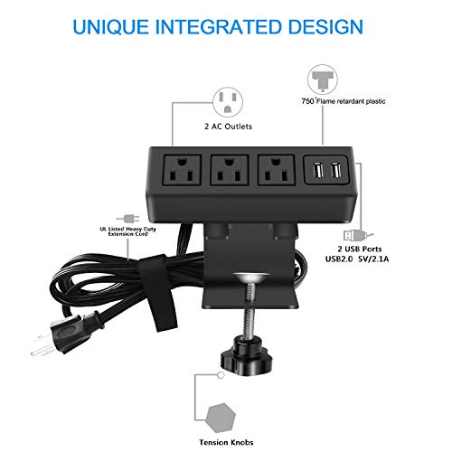 3 Outlet Desk Clamp Power Strip, Desktop Power Strip with USB Ports, Desk Mount USB Charging Power Station, on Desk Edge Power Outlet 125V 12A 1500W, 10 FT Desk Outlet Strip. (10FT, Black) - color: Black, size: 10FT