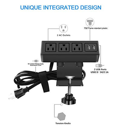 3 Outlet Desk Clamp Power Strip, Desktop Power Strip with USB Ports, Desk Mount USB Charging Power Station, on Desk Edge Power Outlet 125V 12A 1500W, 10 FT Desk Outlet Strip. (10FT, Black) - color: Black, size: 10FT