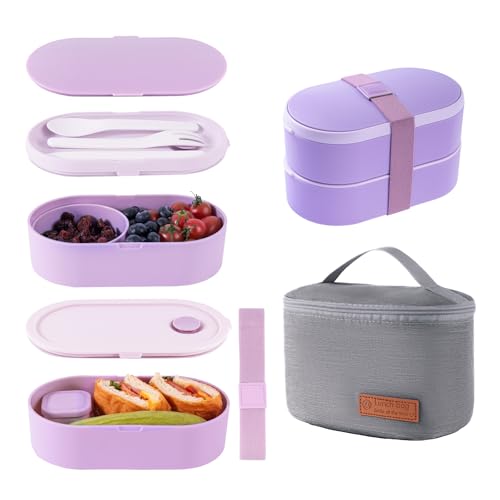 Bento Lunch Box Set -2 Stackable Adult And Women's Lunch Boxes - Including Lunch Bag, Leak Proof And Bisphenol Free A - Built-In Cutlery Set - Dishwasher Safe (Purple) - color: purple
