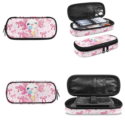 Cute Girls Bookbag Set with Insulated Lunch Bag and Pencil Case for School,Axolotl Ice Cream 3-in-1 Backpack Lunchbox Pouch for Elementary Kids, Waterproof Student Book Bag - color: Pink Bows-axolotl Ice Cream
