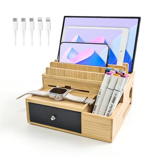 Bamboo Charging Station Organizer with 5-Cables, No USB Charger | for Multi-Devices, with Drawer and Pen Holder, Nightstand Desk Charging Stations Organizer for Cell Phone, Tablet, Etc