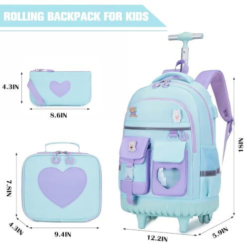 ACESAK Rolling Backpack for Girls - Roller Wheels School Bookbag with Lunch Bag & Pencil Pouch for Teen Girls Kids Wheeled Suitcase Backpacks, Elementary Middle School Travel Daypack (Blue Purple) - color: Blue-purple