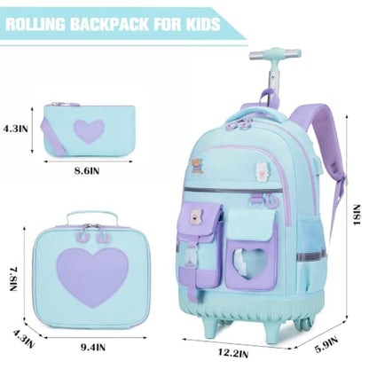ACESAK Rolling Backpack for Girls - Roller Wheels School Bookbag with Lunch Bag & Pencil Pouch for Teen Girls Kids Wheeled Suitcase Backpacks, Elementary Middle School Travel Daypack (Blue Purple) - color: Blue-purple