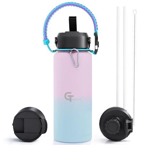32oz Insulated Stainless Steel Water Bottle with 3 Lids & Paracord Handle – Leakproof Wide Mouth Metal Sports Bottle for Gym, School & Travel (Light Purple/Sky Blue, 32oz) - color: Light Purple/Sky Blue, size: 32oz