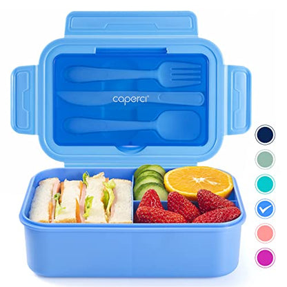 Caperci Classic Bento Lunch Box for Adult & Older Kids - Leakpoof 47 oz 3-Compartment Lunch Containers for Adults and Teens, Built-in Utensil Set, Ideal for On-the-Go, Blue - color: Blue