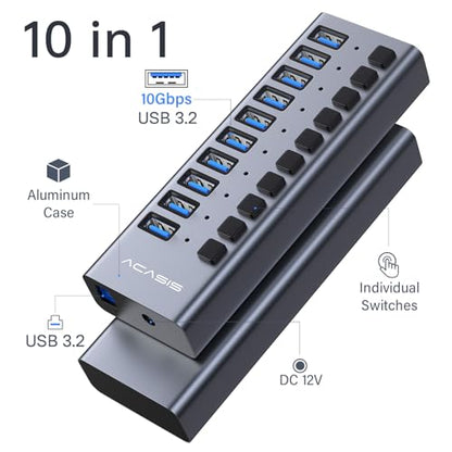 Powered USB 3.2 Hub, ACASIS 10 Ports USB 3.2 Hub with 10Gbps Data Speed, Aluminum Housing, USB Hub Powered with 48W Power Adapter, USB Hub for PC/Laptop, Computer, Flash Drive, Printer, Camera - size: 10 ports