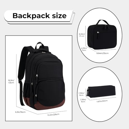 Glodwheat 3Pcs Backpack Set For Girls With Insulated Lunch Bag & Pencil Case, Lightweight Water-Resistant School Bookbag With 11 Compartments / 20L - color: Matte Black