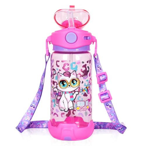 Kids Water Bottle with Straw/Lanyard for School Kids Girls Boys, 22oz BPA Free Child Drinking Water Bottle One-Click-Open Leak-Proof Locking Flip Lid for School Sport Travel - color: Cat