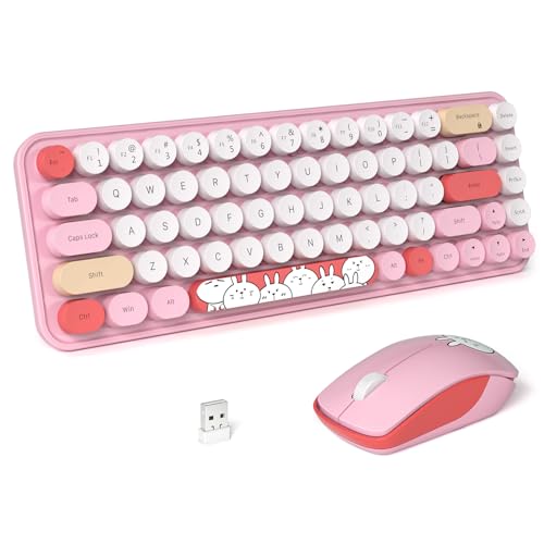FOPETT Wireless Keyboard and Mouse Cute Mouse and Keyboard 2.4G Wireless Keyboards with Colorful 68 Keys Typewriter Retro Round Keycap for PC, Laptop,Tablet,Computer Windows - Pink Colorful - color: I D Pink Colorful