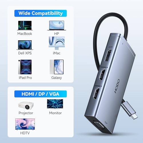 USB C 도킹 스테이션 듀얼 모니터, HP 노트북 도킹 스테이션 3 모니터용 | USB C 허브 쿼드 디스플레이 USB C 어댑터 - 4K HDMI+DP+VGA, 3USB 2.0, PD, USB C 도크 동글 8 in 1 컴퓨터 도킹 스테이션 델용