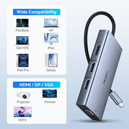 USB C 도킹 스테이션 듀얼 모니터, HP 노트북 도킹 스테이션 3 모니터용 | USB C 허브 쿼드 디스플레이 USB C 어댑터 - 4K HDMI+DP+VGA, 3USB 2.0, PD, USB C 도크 동글 8 in 1 컴퓨터 도킹 스테이션 델용