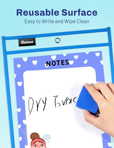 SUNEE 6 Packs Oversized Reusable Dry Erase Pocket Sleeves with Ring, Blue 10x14 Ticket Holders, Clear Plastic Sheet Protectors, Teacher School Classroom Supplies - color: Blue, style: 6 Pack