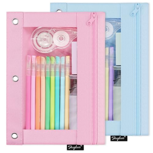 SKYDUE Binder Pencil Pouch – 3 Ring Pencil Pouch with Clear Window, Smooth Zipper Pencil Case for School Supplies, Large Capacity Pencil Pouches for 3 Ring Binder with Reinforced Grommets - color: Pink&blue