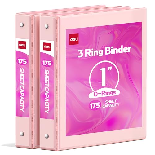 Deli 1-inch 3 Ring Binder with 2 Interior Pockets, 175 Sheets Capacity, 1 inch Binders fits 11" x 8.5" US Letter Size, Pink, 2 Pack