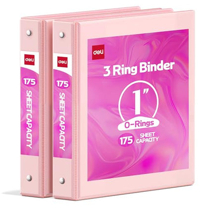 Deli 1-inch 3 Ring Binder with 2 Interior Pockets, 175 Sheets Capacity, 1 inch Binders fits 11" x 8.5" US Letter Size, Pink, 2 Pack