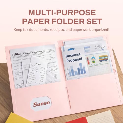 SUNEE Two Pocket Folders, 25 Pack File Folders with Business Card Slot, Textured Paper, Fit Letter Size Paper, Paper File Folder for School Office Home Business, Pink - color: Pink, style: 25-Pack