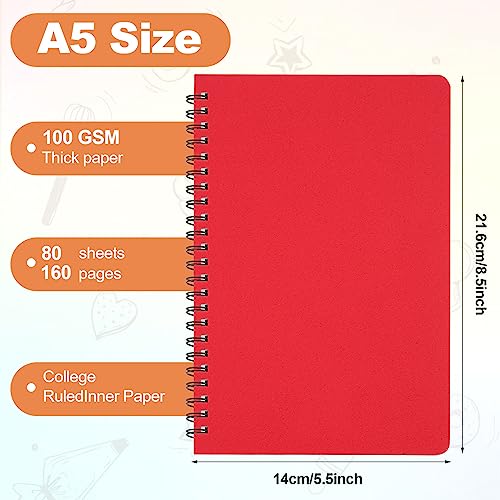 6Pack Hardcover Spiral Notebook,A5 Spiral Notebooks College Ruled,5.5x8.5 Inches,Spiral Journal Notebook for Work Study,80 Sheets 160 Pages 6 Colors