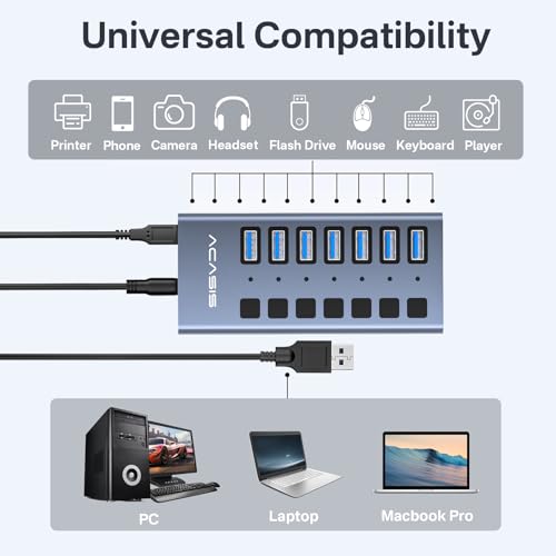 Powered USB 3.2 Hub, ACASIS 7 Ports USB 3.2 Hub with 10Gbps Data Speed, Aluminum Housing, USB Hub Powered with 24W Power Adapter, USB Hub for PC/Laptop, Computer, Flash Drive, Printer, Camera - size: 7 ports