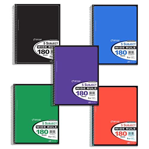 Top Flight Standards 5-Subject Wirebound Notebook, 180 Sheets, 3-Hole Punched, Wide Rule, 10.5 x 8 Inches, 1 Notebook, Color May Vary (31414) (Pack of 12) - size: 1 Count (Pack of 12)