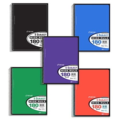 Top Flight Standards 5-Subject Wirebound Notebook, 180 Sheets, 3-Hole Punched, Wide Rule, 10.5 x 8 Inches, 1 Notebook, Color May Vary (31414) (Pack of 12) - size: 1 Count (Pack of 12)