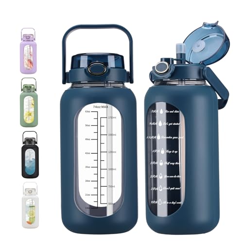chunmo 74 oz Glass Water Bolttles with Straw Large Motivational Water Bottle with Time Marker Sports Water Bottles with Silicone Sleeve and Handle Lid 2.2L Water Jug for Gym Workout - color: Dark Blue