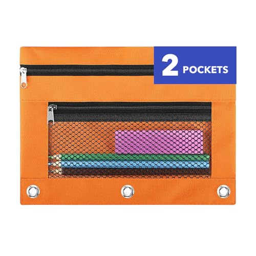 Pencil Pouch for 3 Ring Binder - 3 Hole Zipper Pen Case Bag Holder Bulk Accessories Clear Window Aesthetic Organizer Pockets - color: Orange