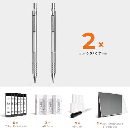 Four Candies 2PCS 0.5mm & 0.7 mm Metal Mechanical Pencils Set, 360PCS Lead Refills, 12 Erasers, Cool Lead Pencil with Case for School Writing, Sketching, Technical Work, Art Projects, Silver - color: Silver