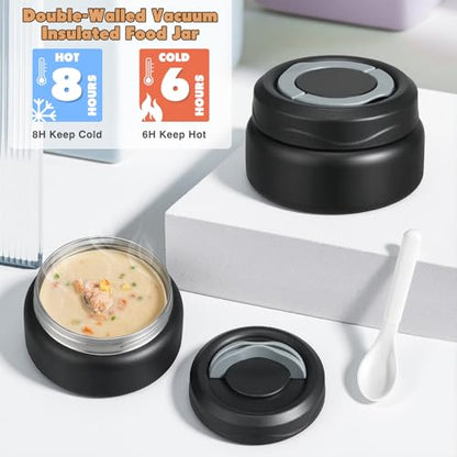 Bento Lunch Box for Kids with 7oz Soup Thermo,Insulated Stainless Steel Kids Water Bottle with Straw and Insulated Lunch Bag,Leak-Proof Lunch Food Container with Ice Pack for School(Black) - color: Black